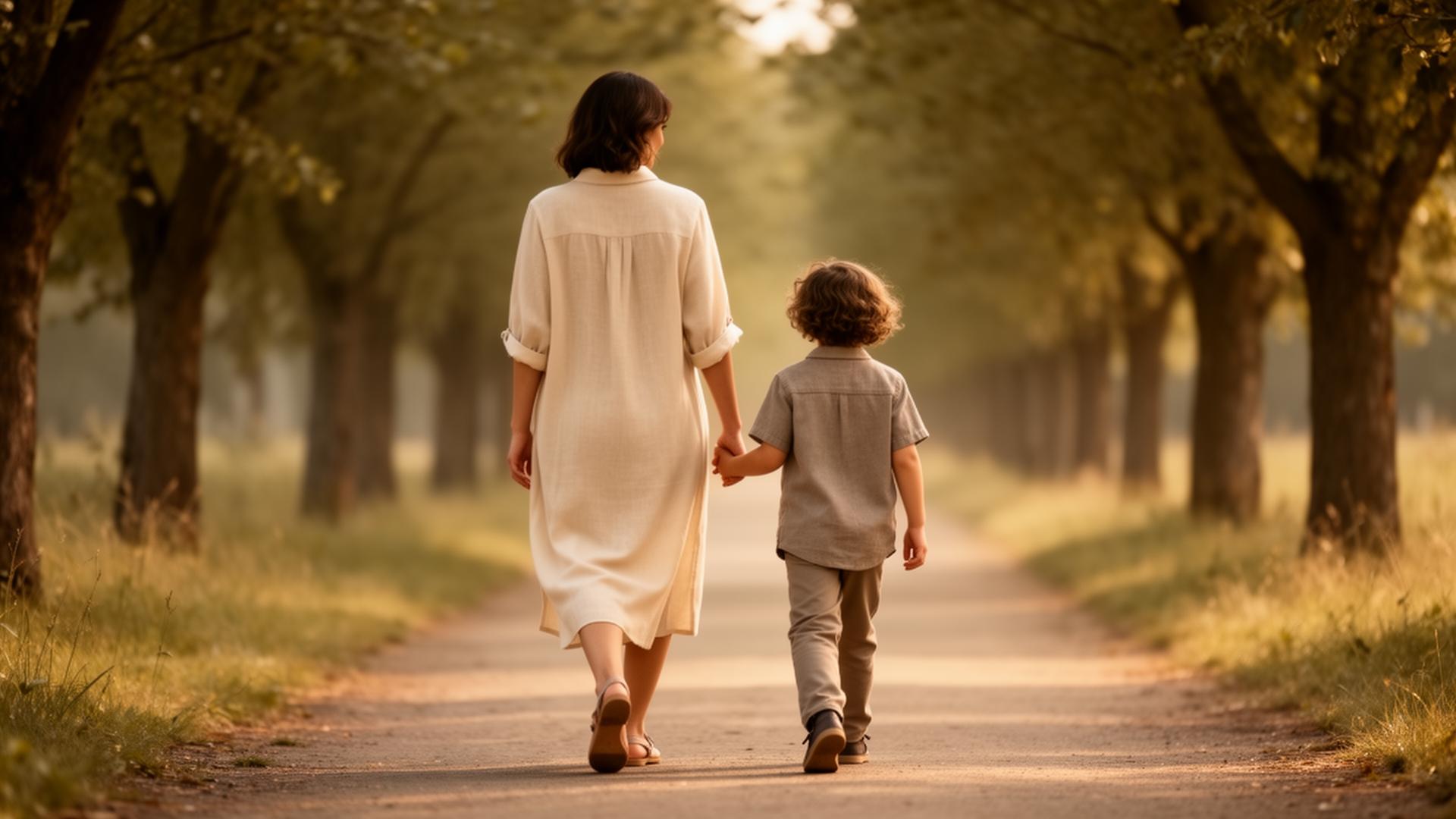 A parent and child walking together along a tree-lined path in soft afternoon light