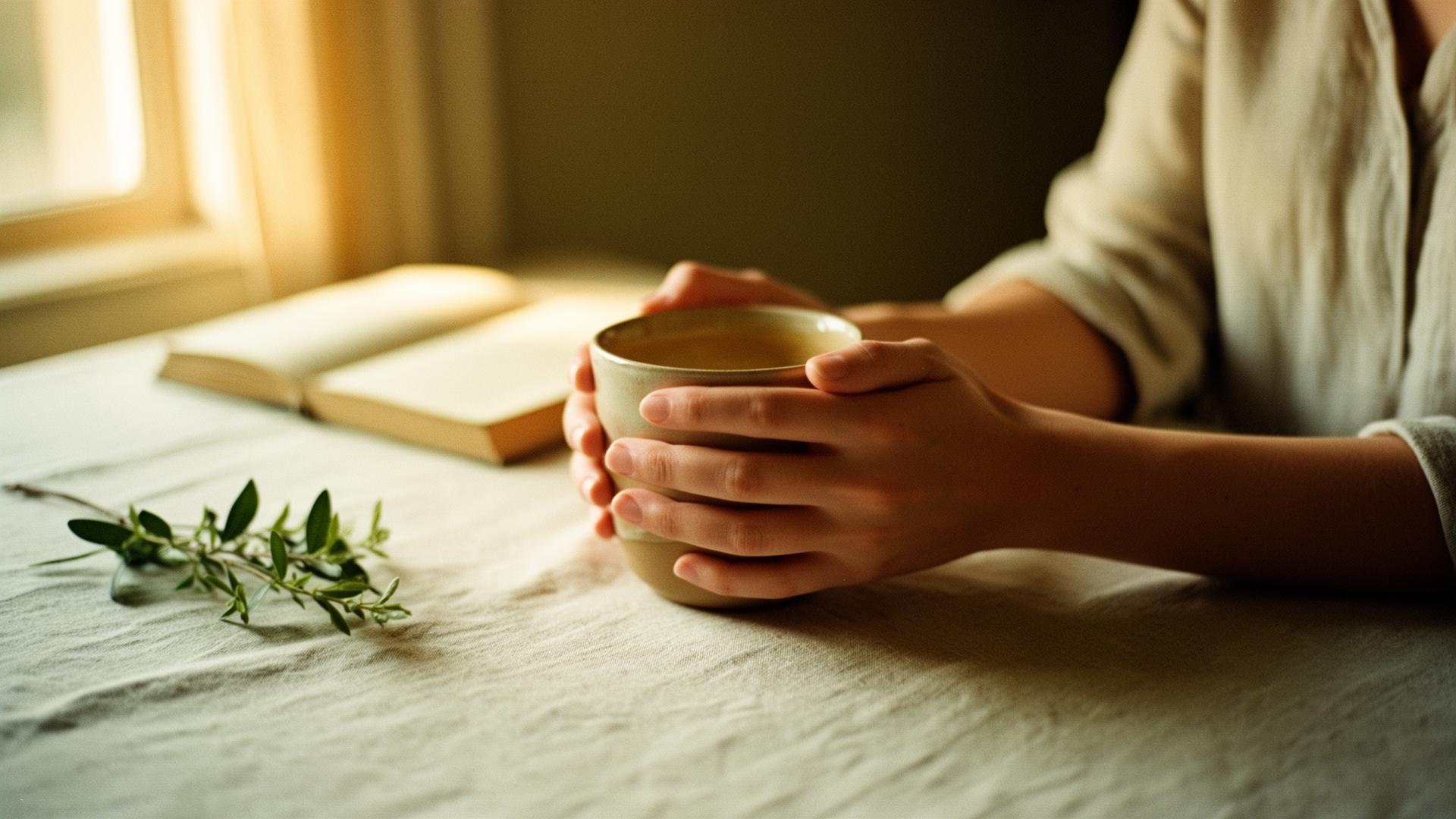 Hands cradling a warm cup in soft morning light by a window